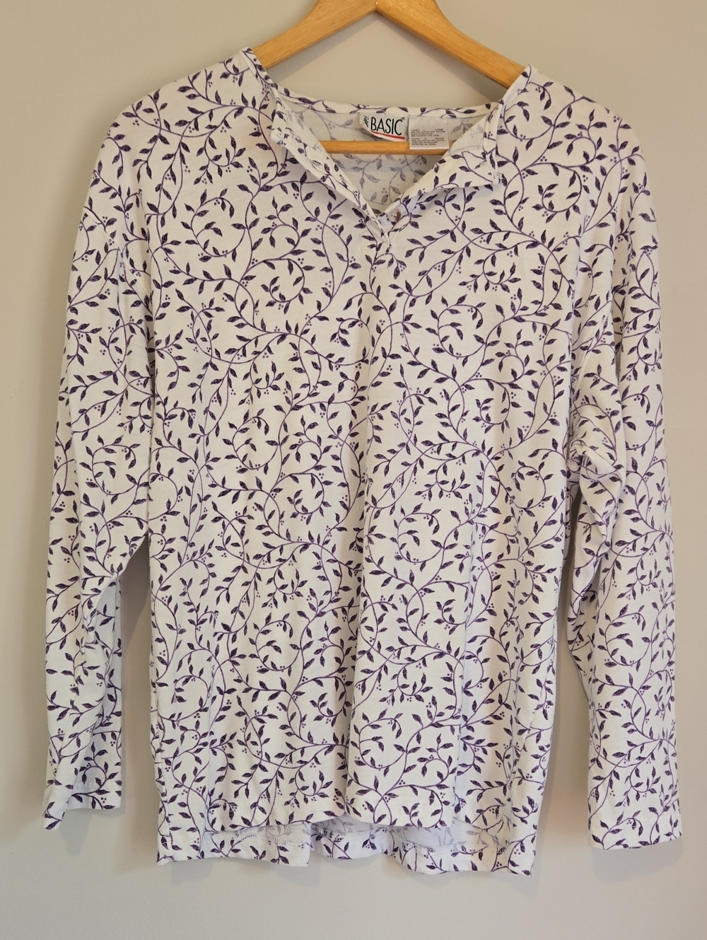 Vintage Basic White & Purple V-Neck Long Sleeve Tee Cotton Blend Large